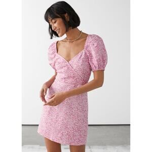 & Other Stories Pink Floral Puff Sleeve Linen Blend Mini Dress No Size